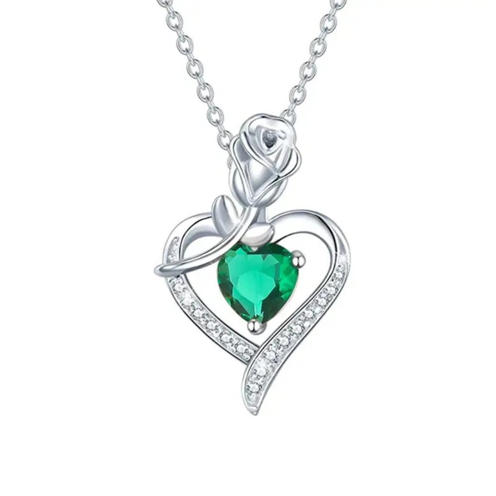 New Rose & Heart Shape Inlaid Shiny Zircon Elegant May Birthstone  Necklace